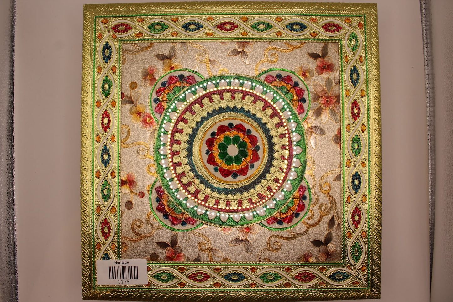 Floral meenakari chowki close-up of enamel and pearl bead detail