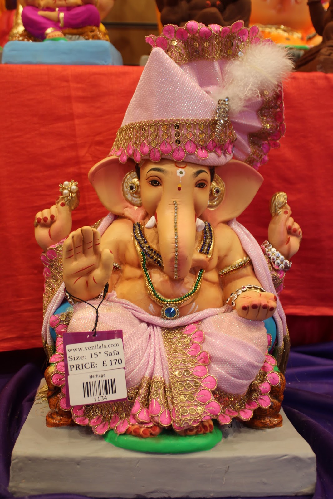Eco-Friendly Ganesh Visarjan idol, Full Safa Set Pale Pink & Gold, front view 2