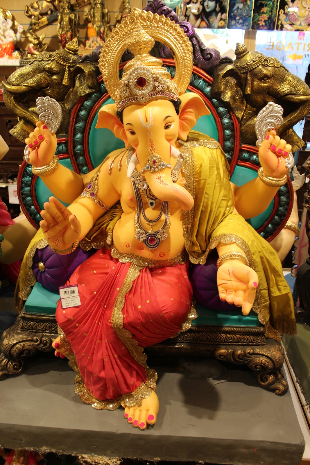 POP Ganesh Visarjan Idol – Red & Gold Sequin Dhoti on Teal Carved Throne, ~4ft