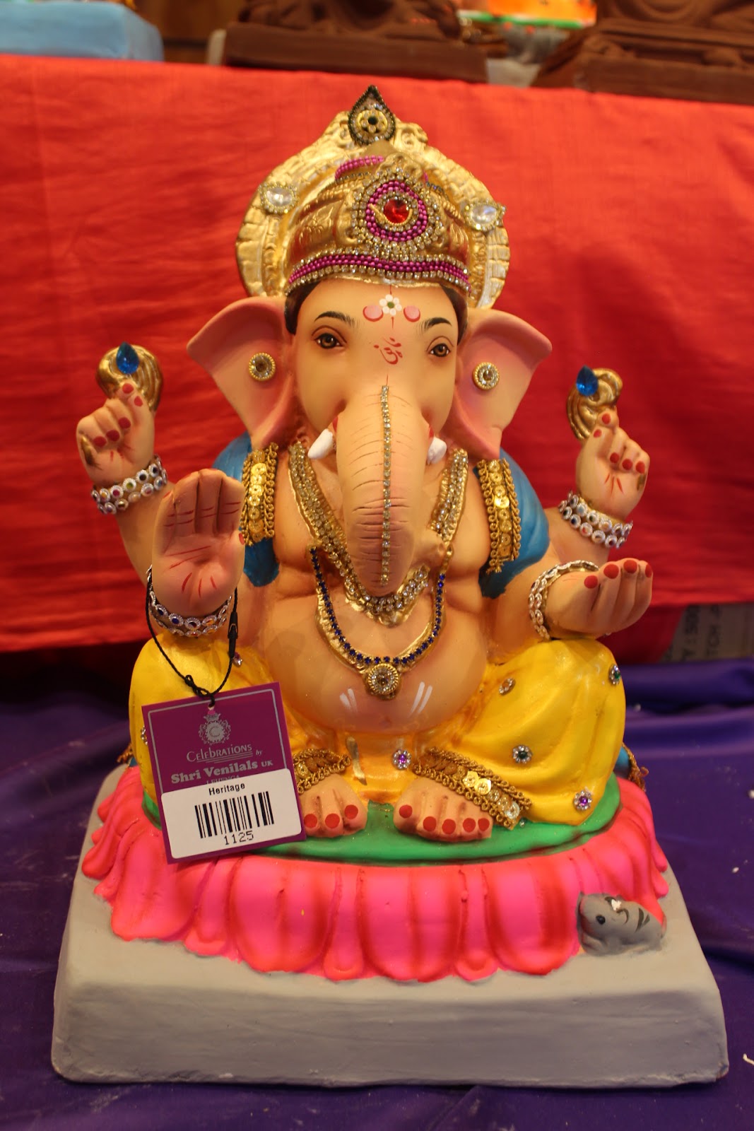 Eco-Friendly Ganesh Visarjan idol, Jewellery Style Blue Khes & Yellow Dhoti, front view 2