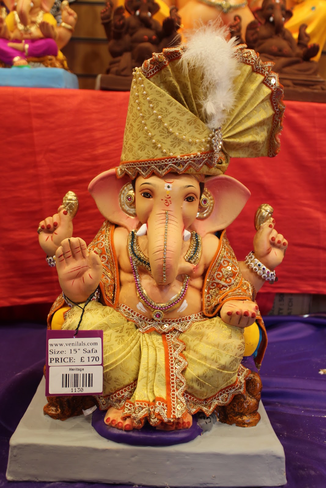 Eco-Friendly Ganesh Visarjan idol, Full Safa Set Golden Mustard & Navy, front view 2