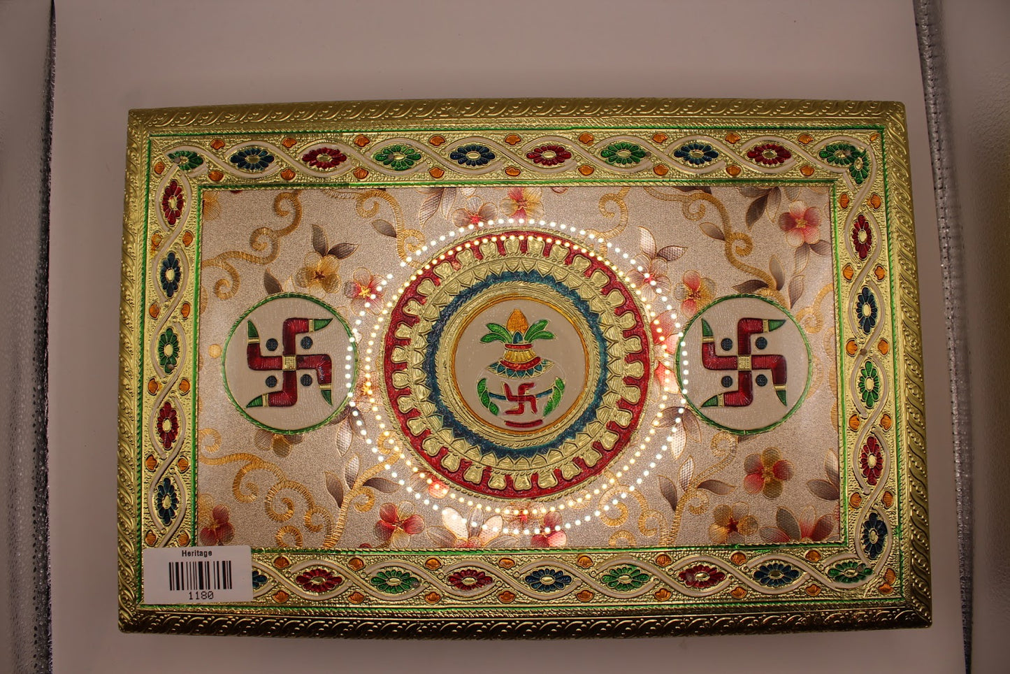 Rectangular floral meenakari chowki close-up of kalash mandala detail