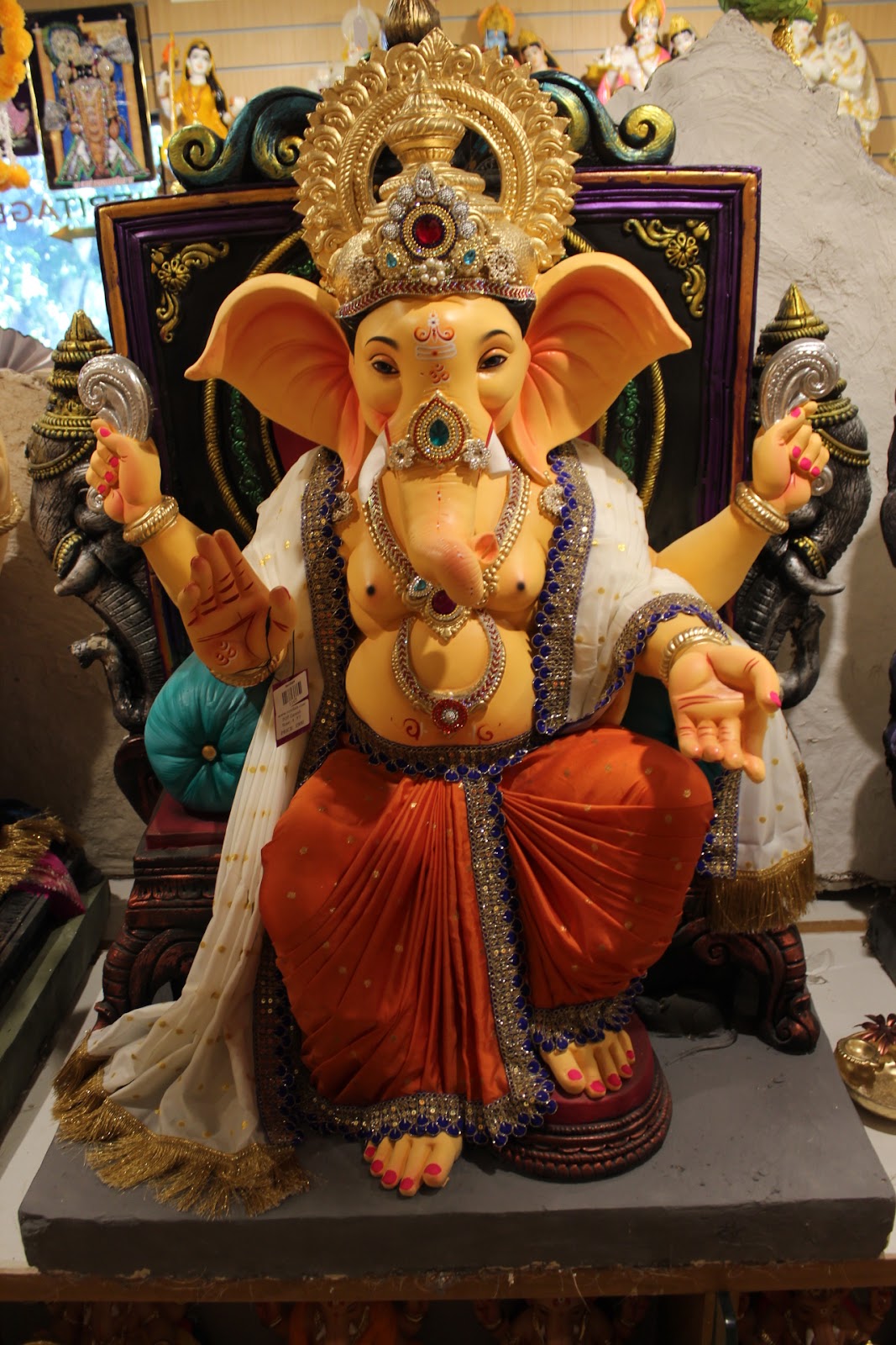 POP Ganesh Visarjan Idol – Vermilion Dhoti with Blue Bead Jewellery, ~4ft