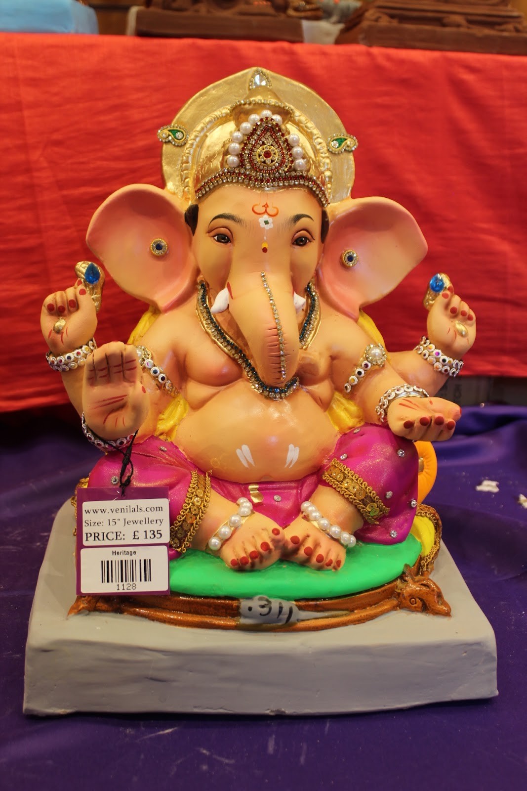 Eco-Friendly Ganesh Idol – Jewellery Style, Magenta & Gold, ~15 inch, Clay