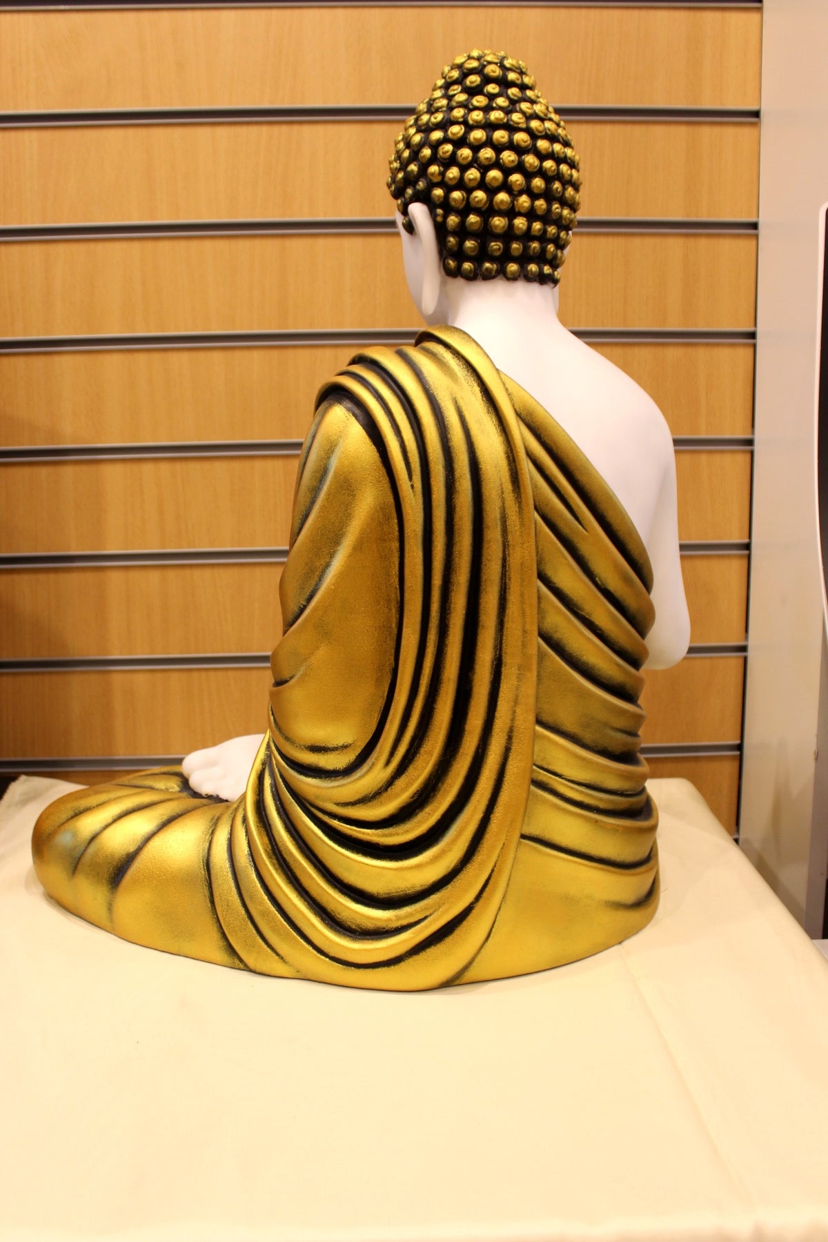 Resin/Fibre Buddha Statue for Home Temple – Gold Striped Robe, 24 inch