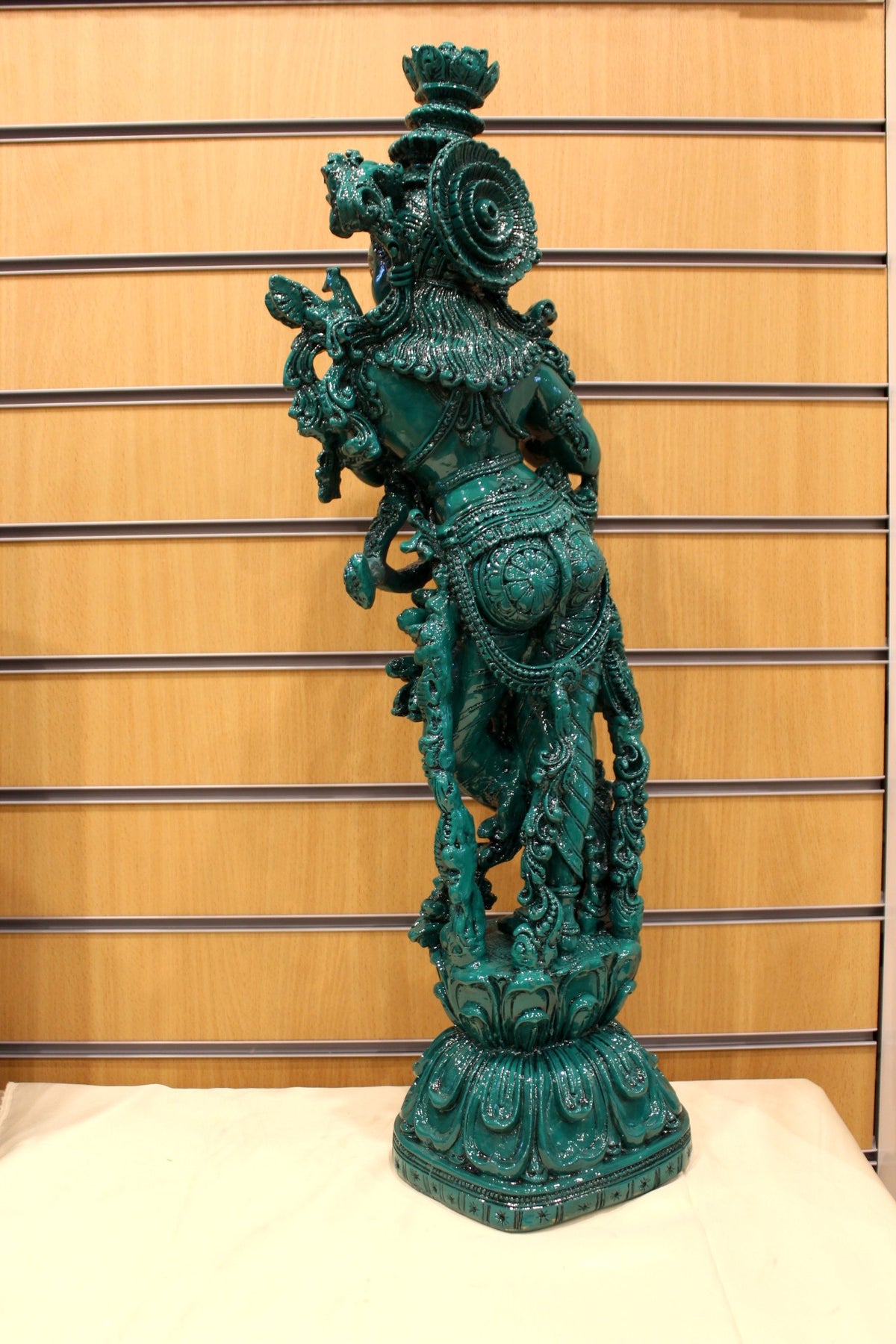 Resin/Fibre Krishna Statue for Home Temple – Antique Teal Flute Pose, 28 inch