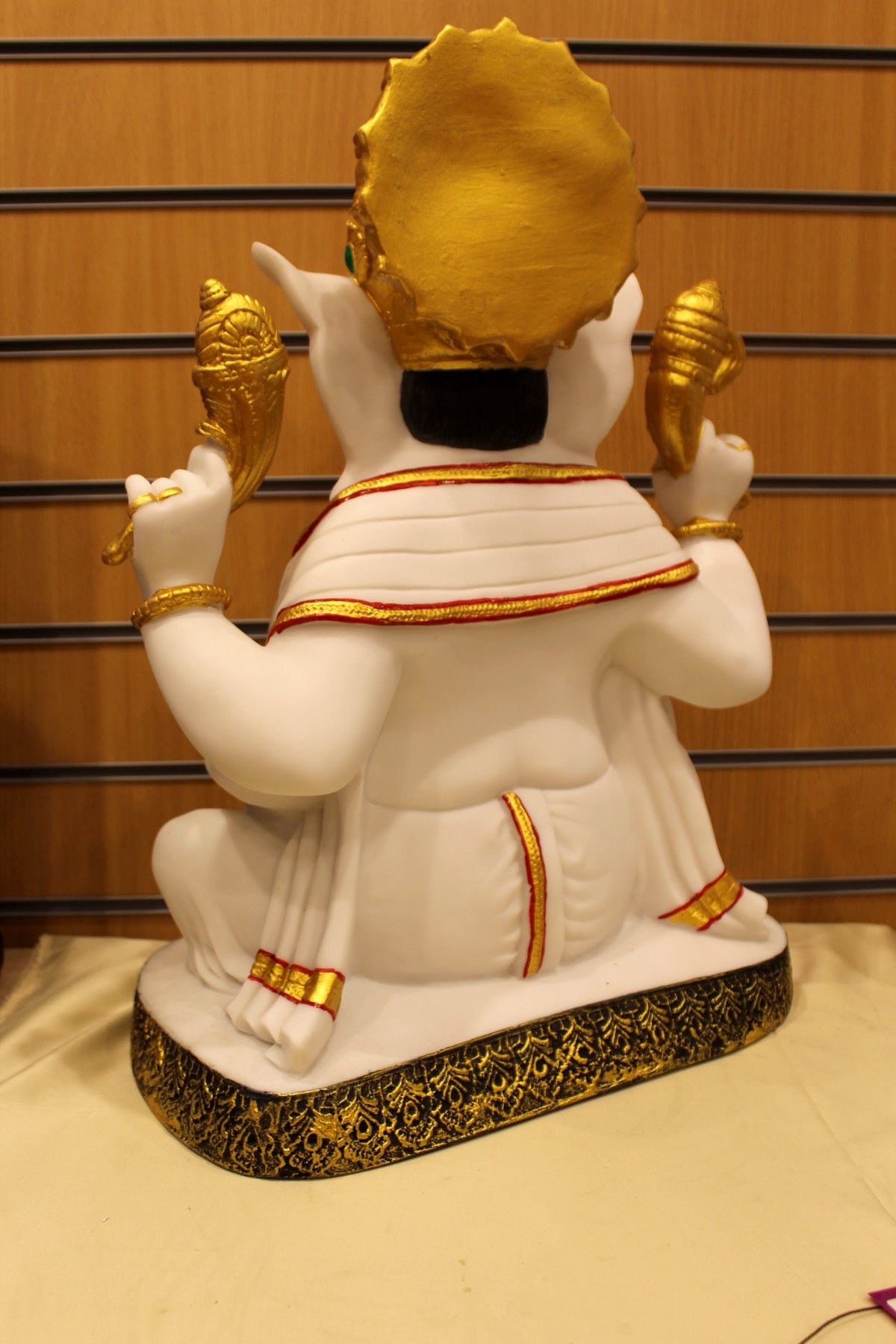 Resin/Fibre Ganesh Statue for Home Temple – Gold Halo on Carved Oval Base, 24 inch