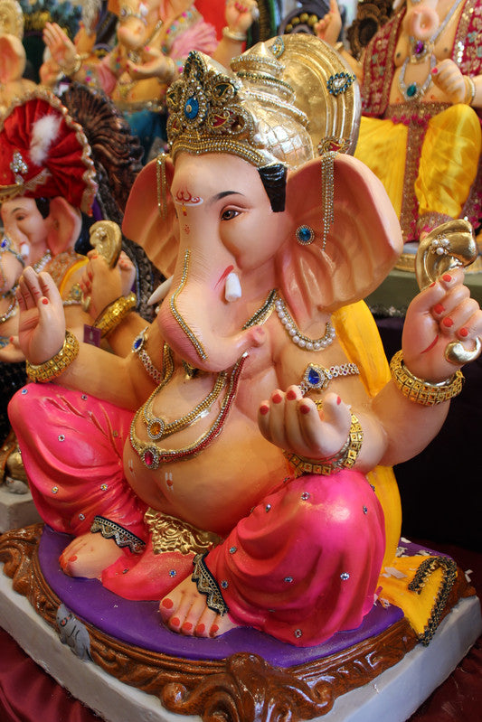 Eco-Friendly Ganesh Visarjan Idol - Jewellery Style, Yellow & Rani Pink, Navy Cushion, ~30 inch - side