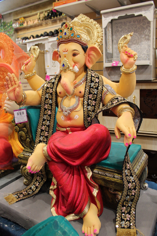 POP Ganesh Visarjan Idol - Black-Gold Sash & Crimson Dhoti, 3ft - side