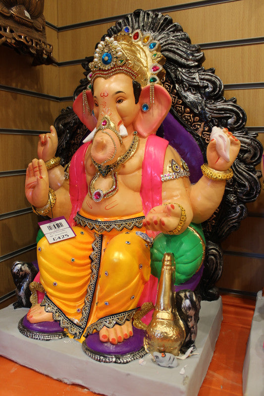 Eco-Friendly Ganesh Visarjan Idol - Gem-Studded Crown, Pink & Mustard, ~30 inch - side