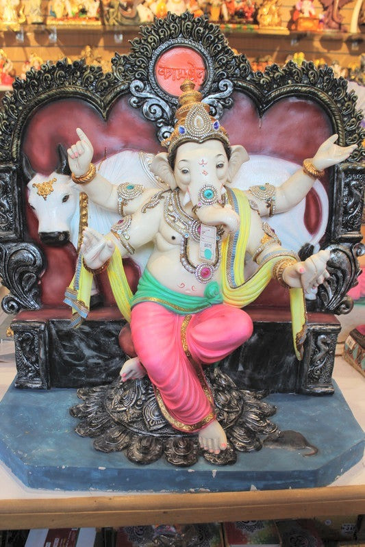 POP Ganesh Visarjan Idol Royal Throne with Cow Pink and Green 3ft - with price tag