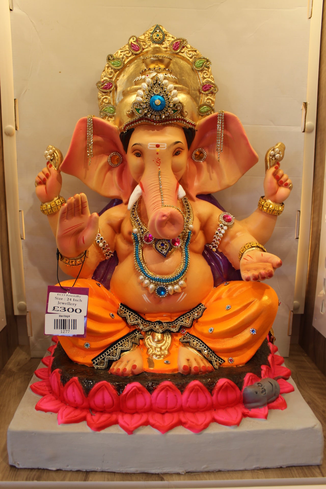 Eco-Friendly Ganesh Visarjan Idol – Saffron Dhoti & Pink Lotus Halo, ~24 inch