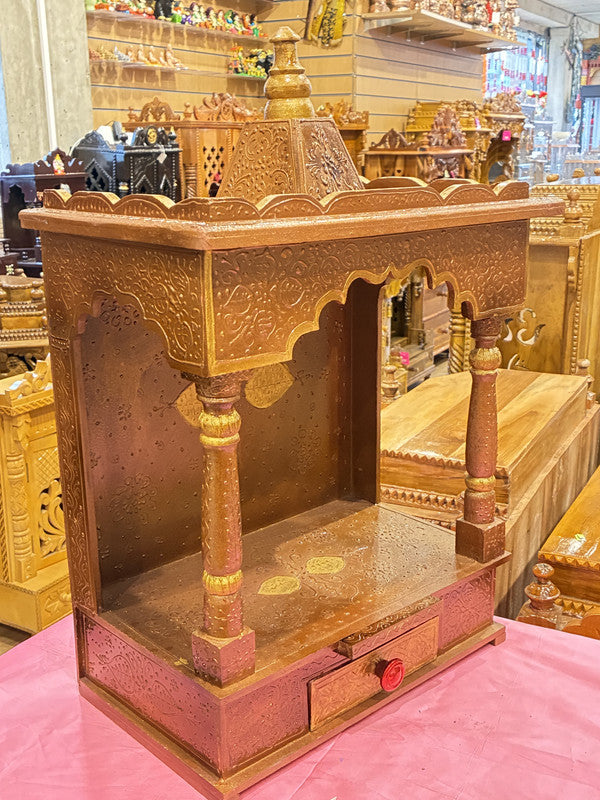 Light Brown Wooden Mandir – Gold Detailing, 60cm (A107)