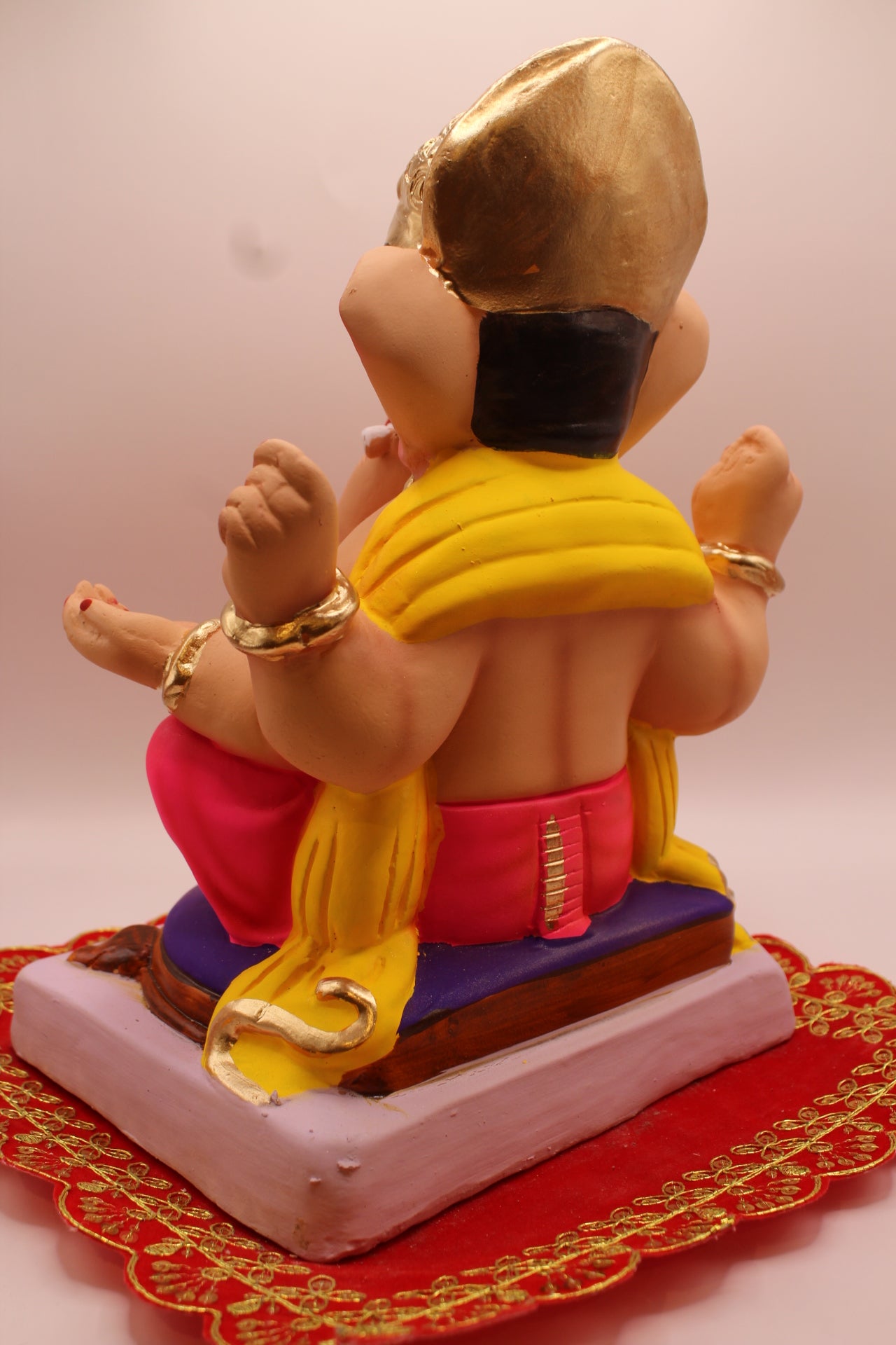Eco-Friendly Ganesh Visarjan idol, Yellow Khes & Hot Pink Dhoti, Purple Throne Seat, back view