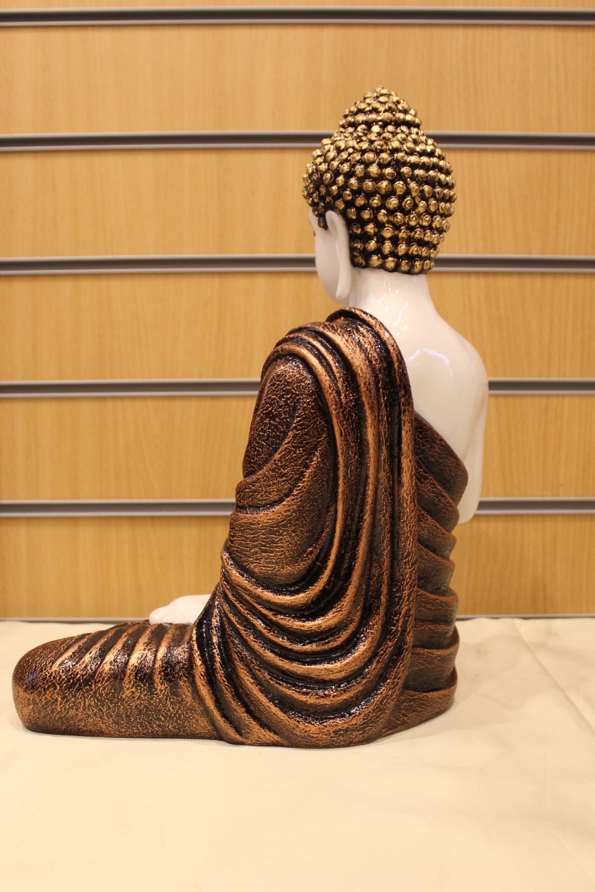 Resin/Fibre Buddha Statue – White & Copper Robe, Blessing Hand, 15 inch – back view