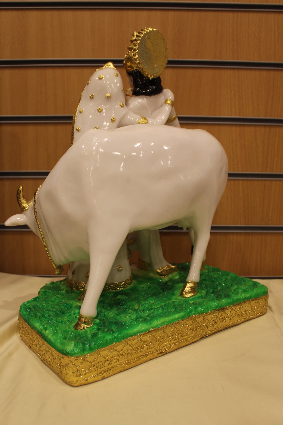 Resin/Fibre Radha Krishna with Cow Statue for Home Temple – White & Gold, 17 inch – back view