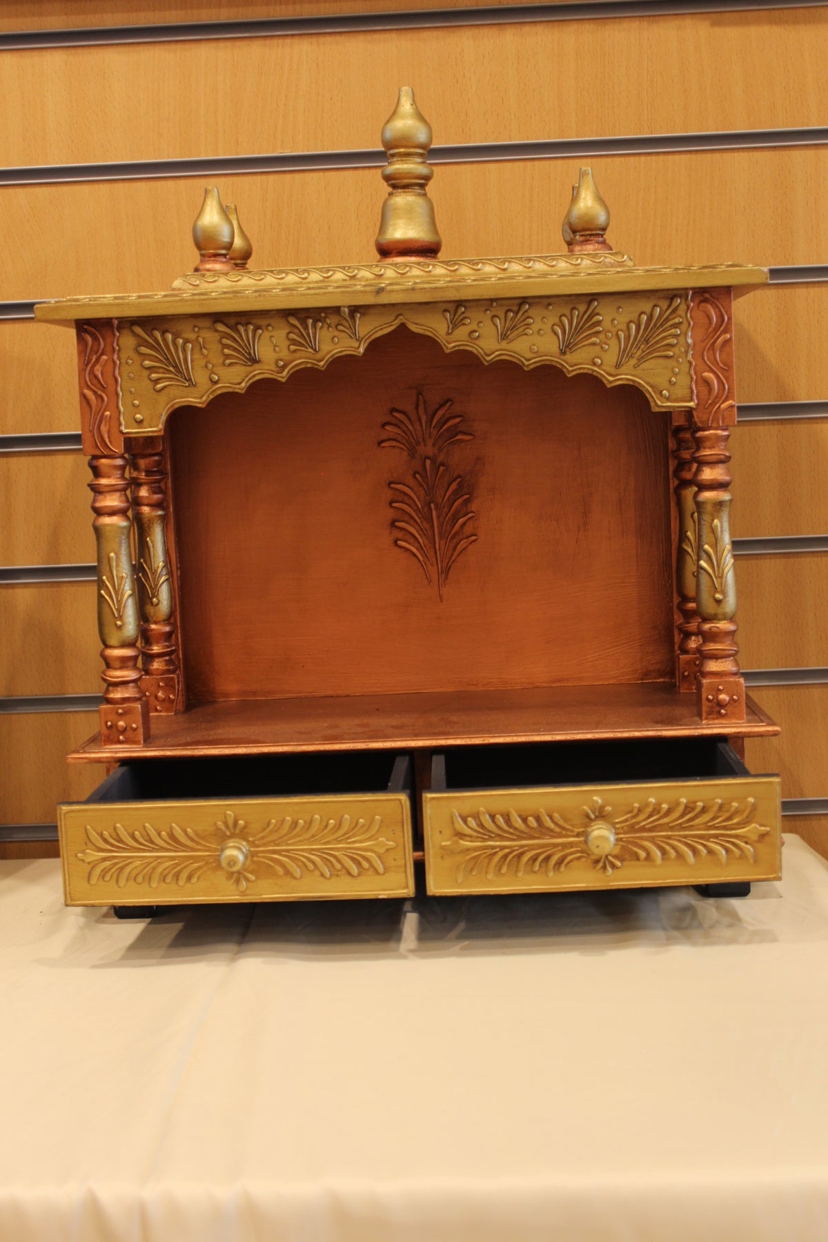 Open Front Jaipuri Mandir in golden bronze, drawers open