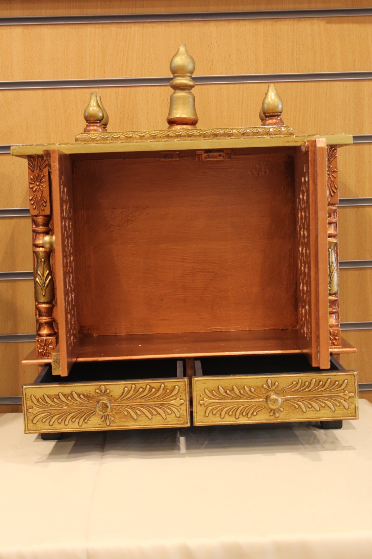 Jaipuri Mandir with Doors in bronze & gold, doors and drawers open