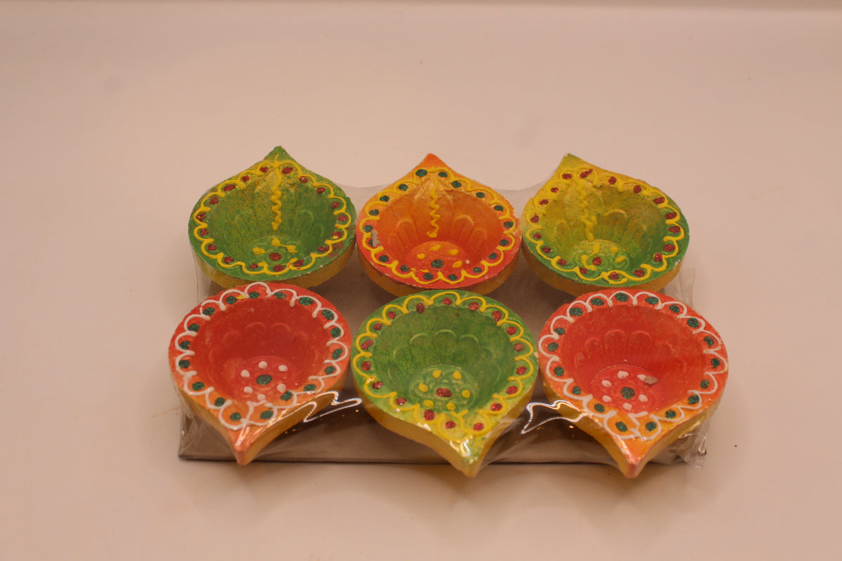 Painted Clay Diyas – Orange & Green, Pack of 6, 2 inch
