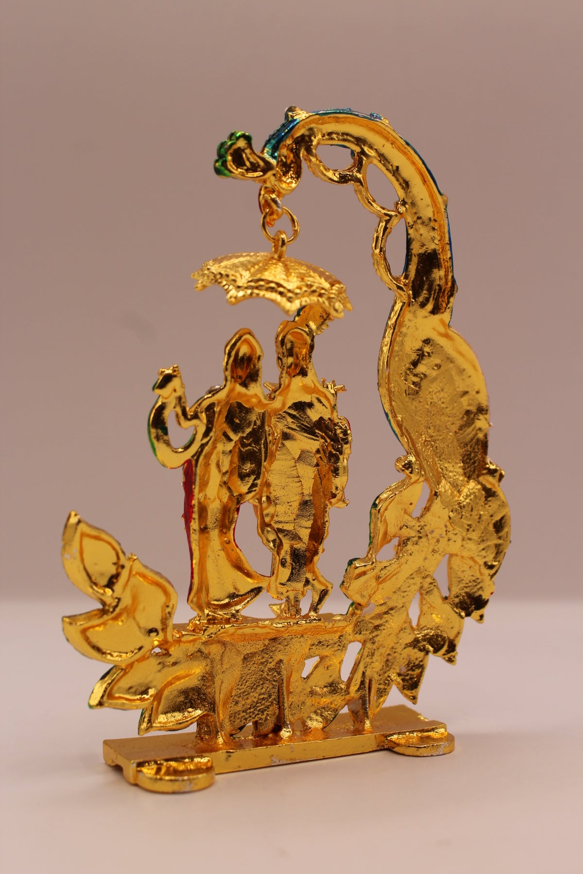 Radha Krishna Murti with Peacock – Colourful Metal, 4.5 inch – back view