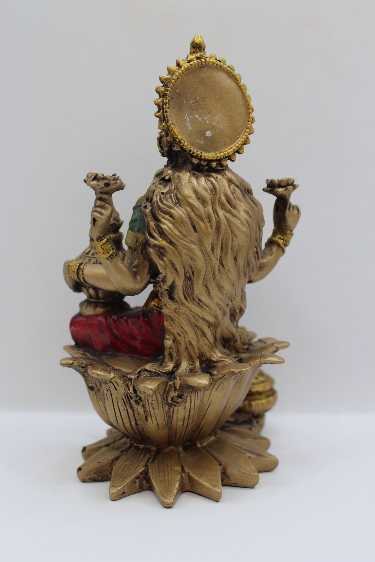 Resin Laxmi statue, seated on lotus, antique bronze, back view
