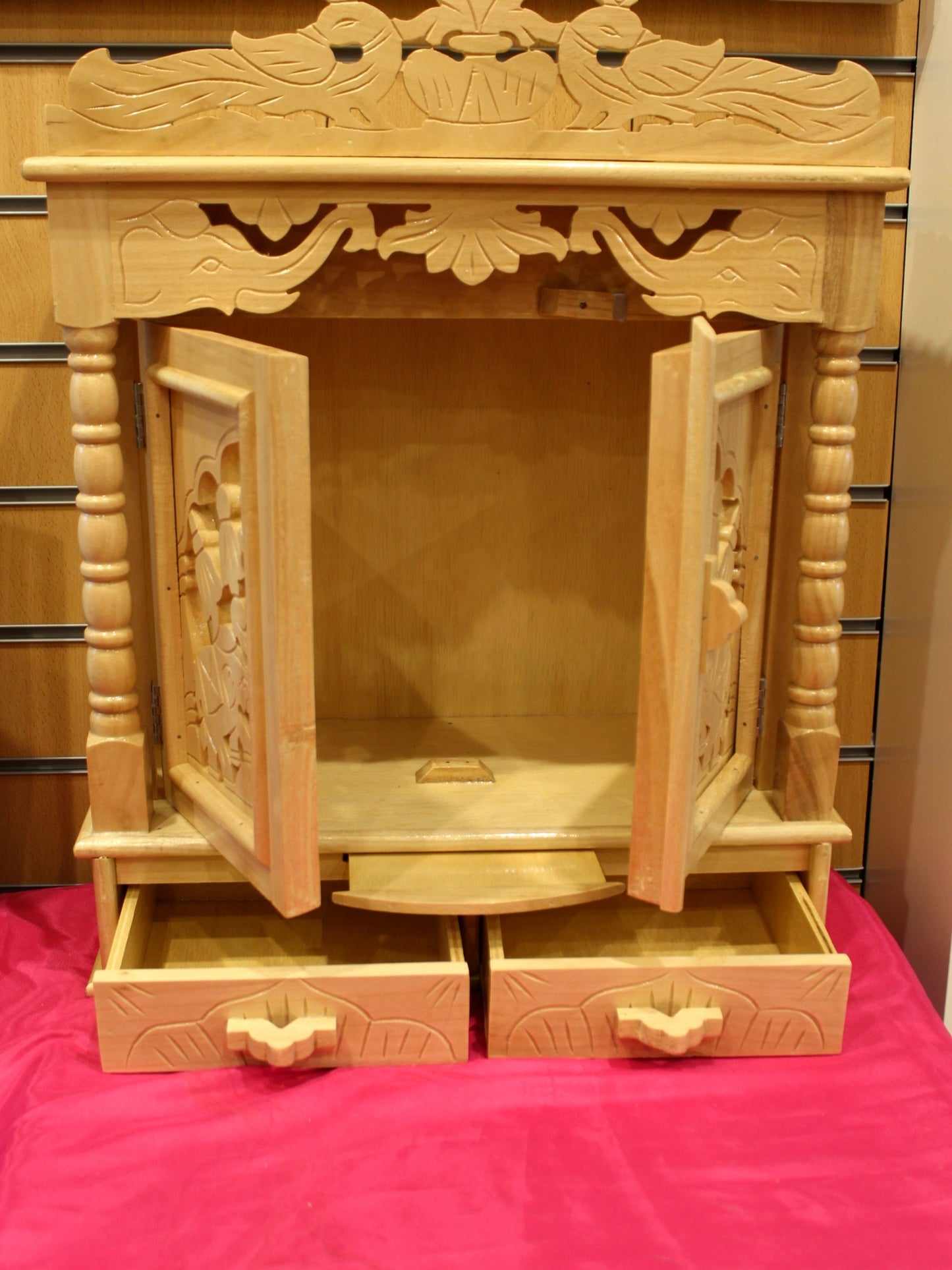 Sevan wood mandir 18 x 8 inch with doors open and both drawers pulled out