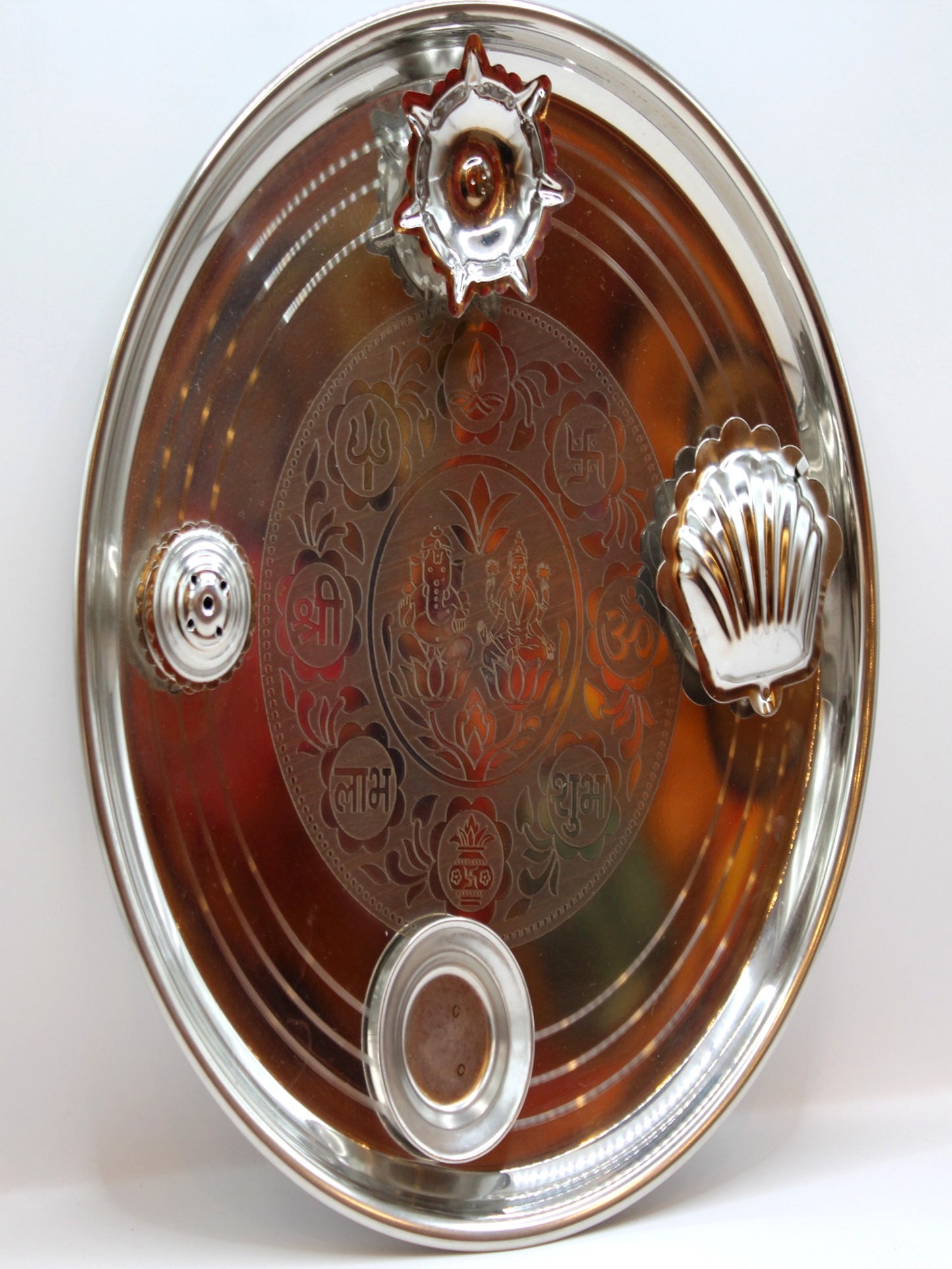 Fancy Steel Pooja Thali 11 inch – Shell Katori & Sun Diya