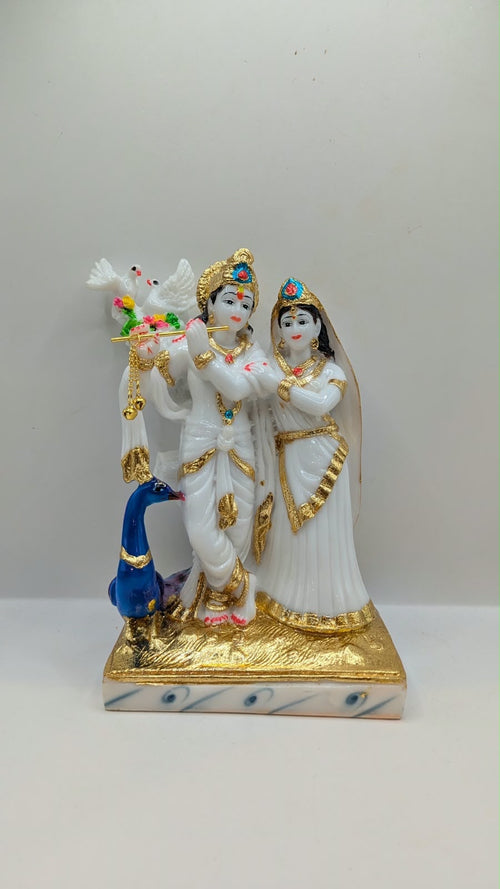 Radha Krishna Resin Statue – White and Gold with Peacock, 9 inch