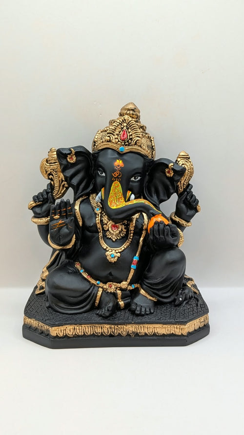 Ganesh Resin Statue – Black and Gold on Six-Sided Base, 8 inch