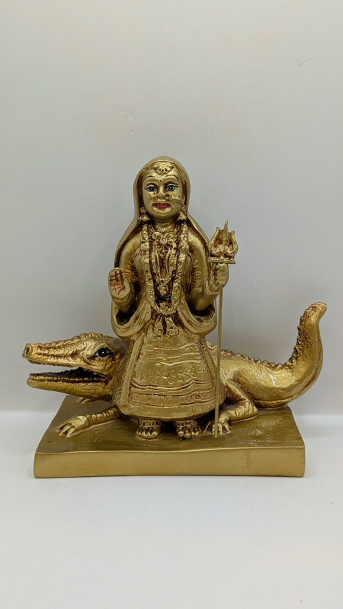 Khodiyar Maa Resin Statue – All Gold Finish on Crocodile, 6 inch