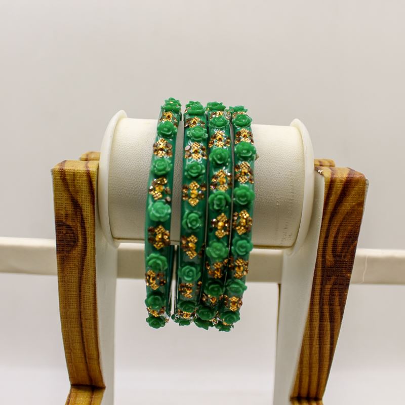 Plastic Bangles – Stone & Flower Work, Set of 4