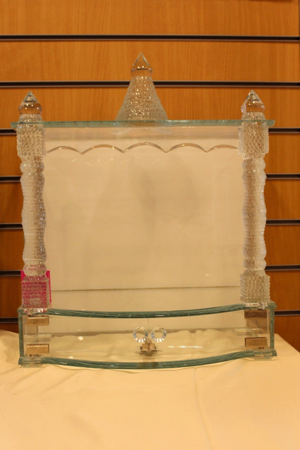 Glass mandir with LED lights, diamond cut crystal