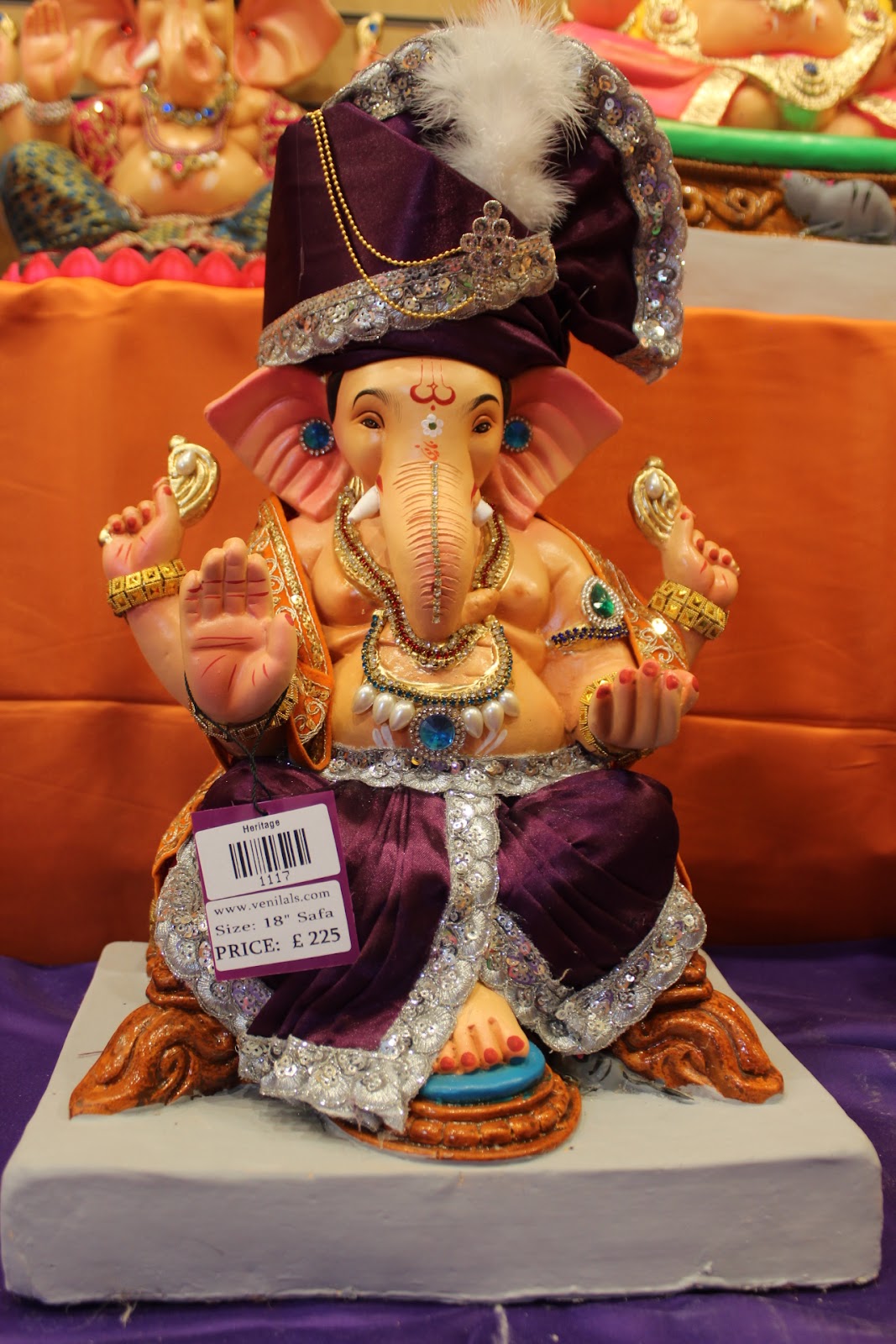 Eco-Friendly Ganesh Visarjan idol, Full Safa Set Purple & Silver, front view