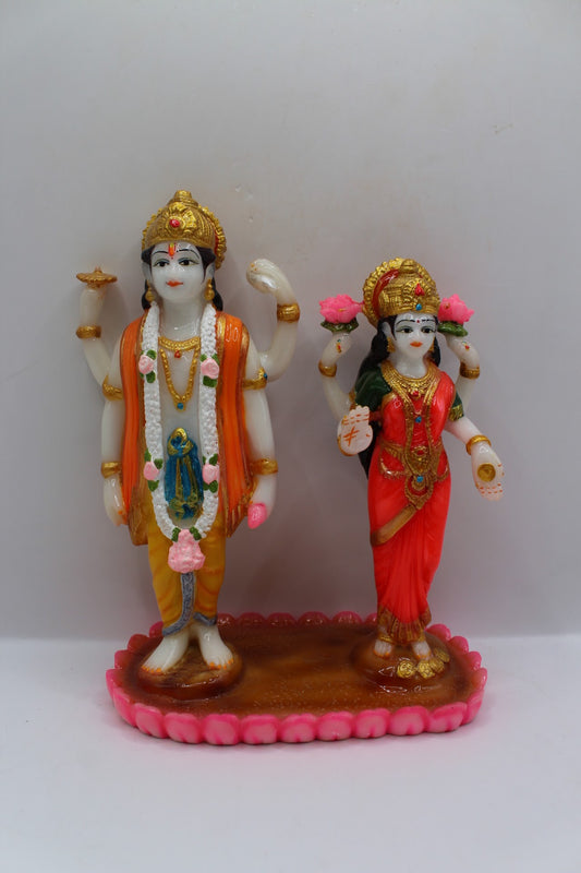 Colourful resin Vishnu Laxmi murti, standing on lotus base, front view