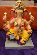 Load image into Gallery viewer, Eco-Friendly Ganesh Visarjan idol, Yellow &amp; Pink Maroon Gem Crown, front view