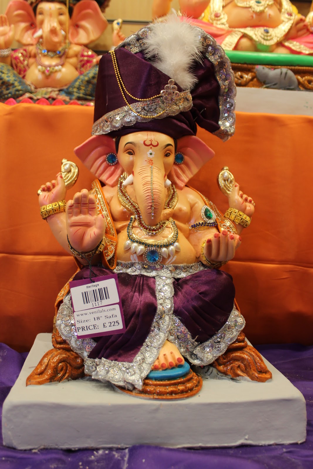 Eco-Friendly Ganesh Visarjan idol, Full Safa Set Purple & Silver, front view 2