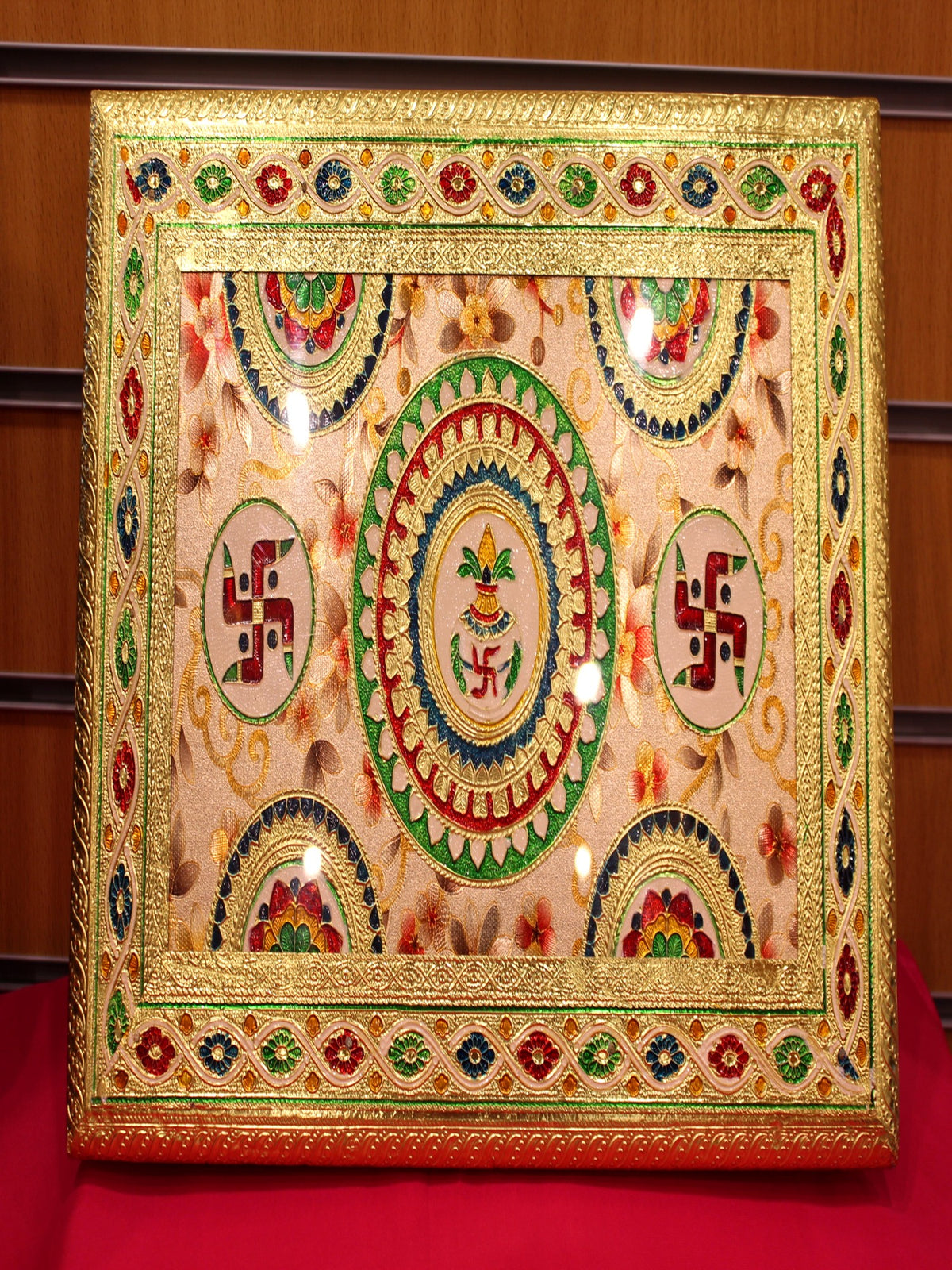 Meenakari Pooja Chowki – Swastik & Lotus Mandala Under Glass, 18 x 12 inch