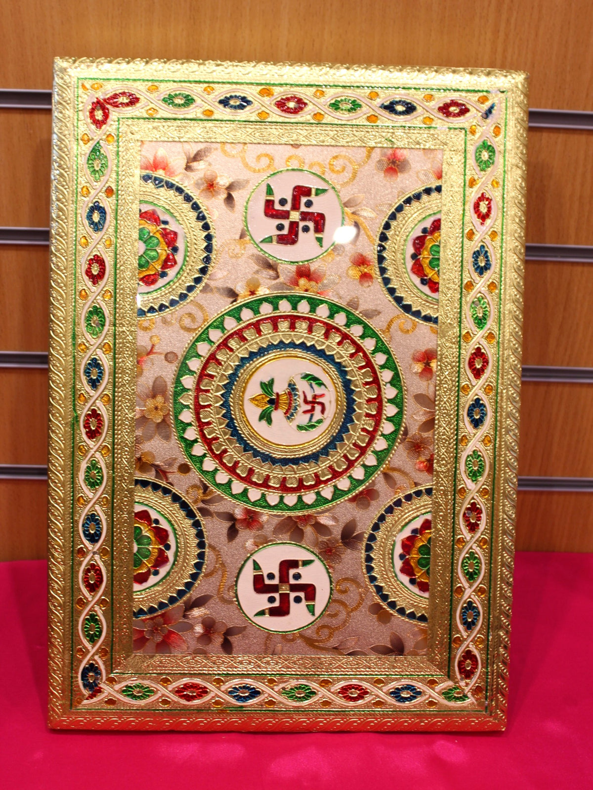 Meenakari Pooja Chowki – Swastik & Lotus Mandala Under Glass, 18 x 12 inch
