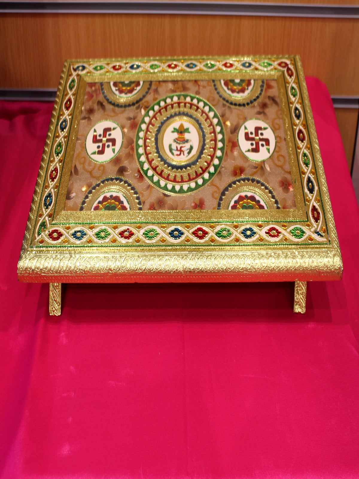 Meenakari Pooja Chowki – Swastik & Lotus Mandala Under Glass, 18 x 12 inch