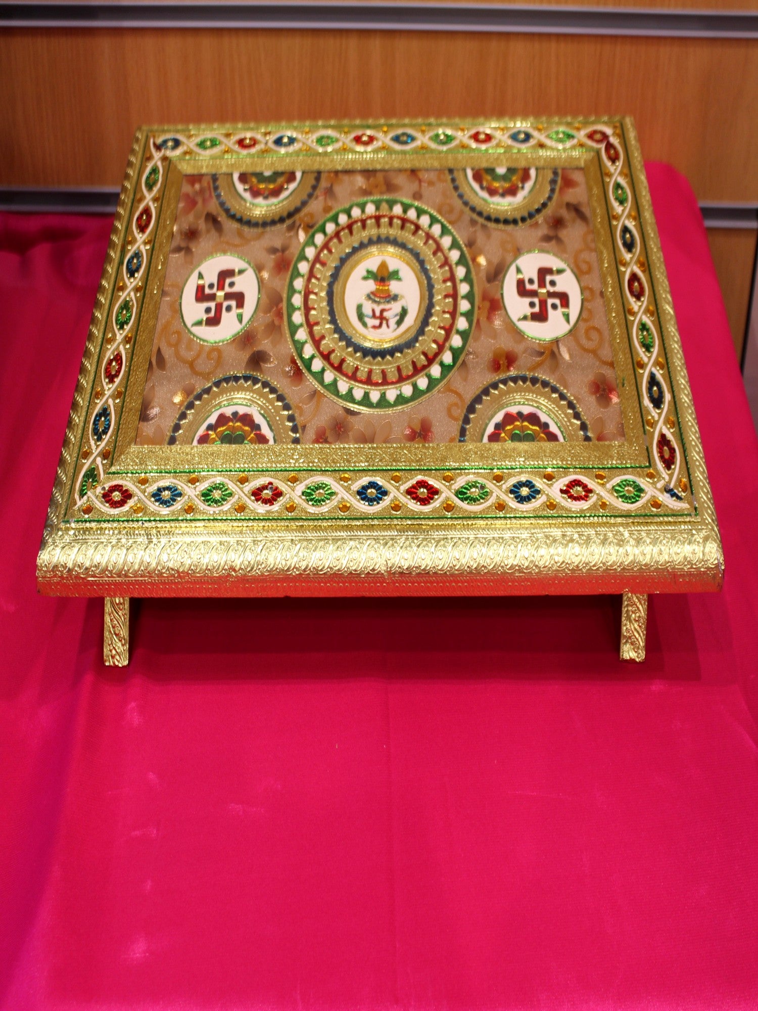 Meenakari Pooja Chowki – Swastik & Lotus Mandala Under Glass, 18 x 12 inch