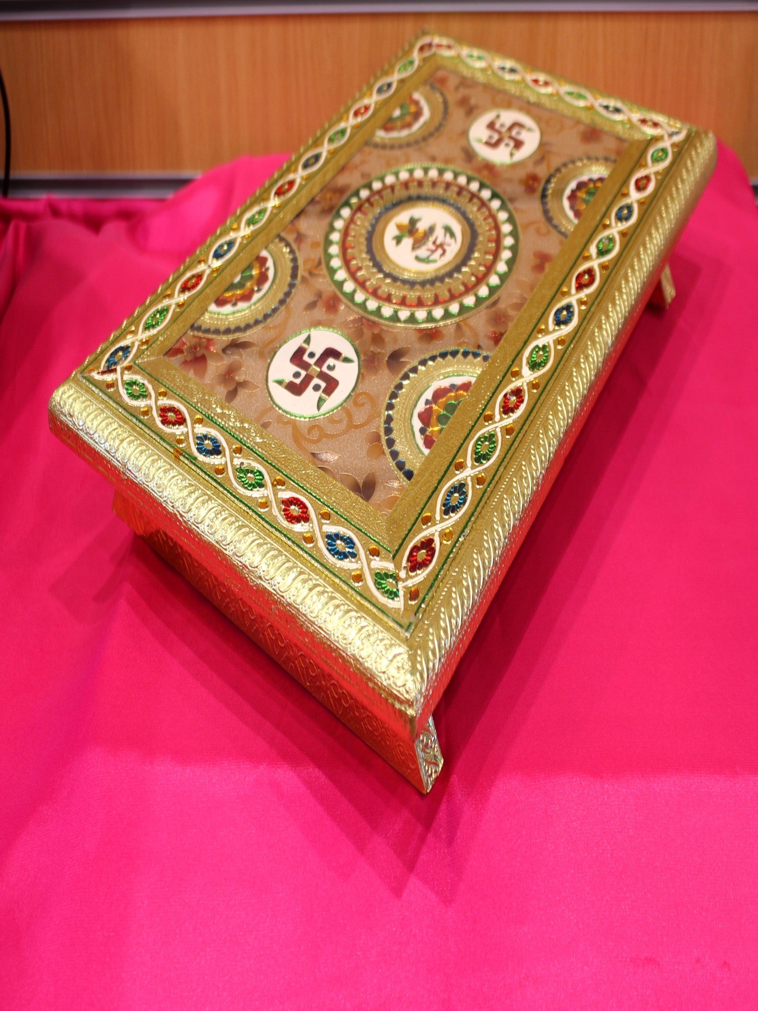Meenakari Pooja Chowki – Swastik & Lotus Mandala Under Glass, 18 x 12 inch