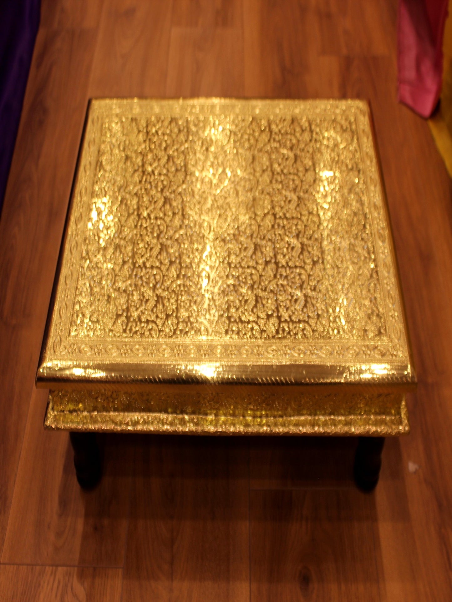 Premium Gold Plated Bajot Pooja Chowki – Embossed Floral, 21 x 15 inch