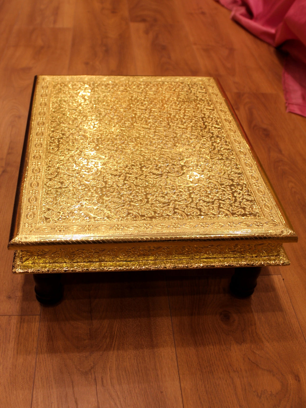 Premium Gold Plated Bajot Pooja Chowki – Embossed Floral, 21 x 15 inch