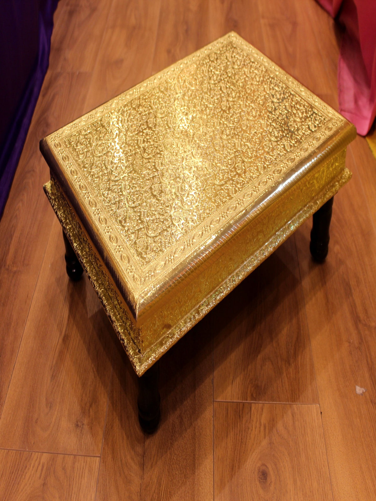 Premium Gold Plated Bajot Pooja Chowki – Embossed Floral, 21 x 15 inch