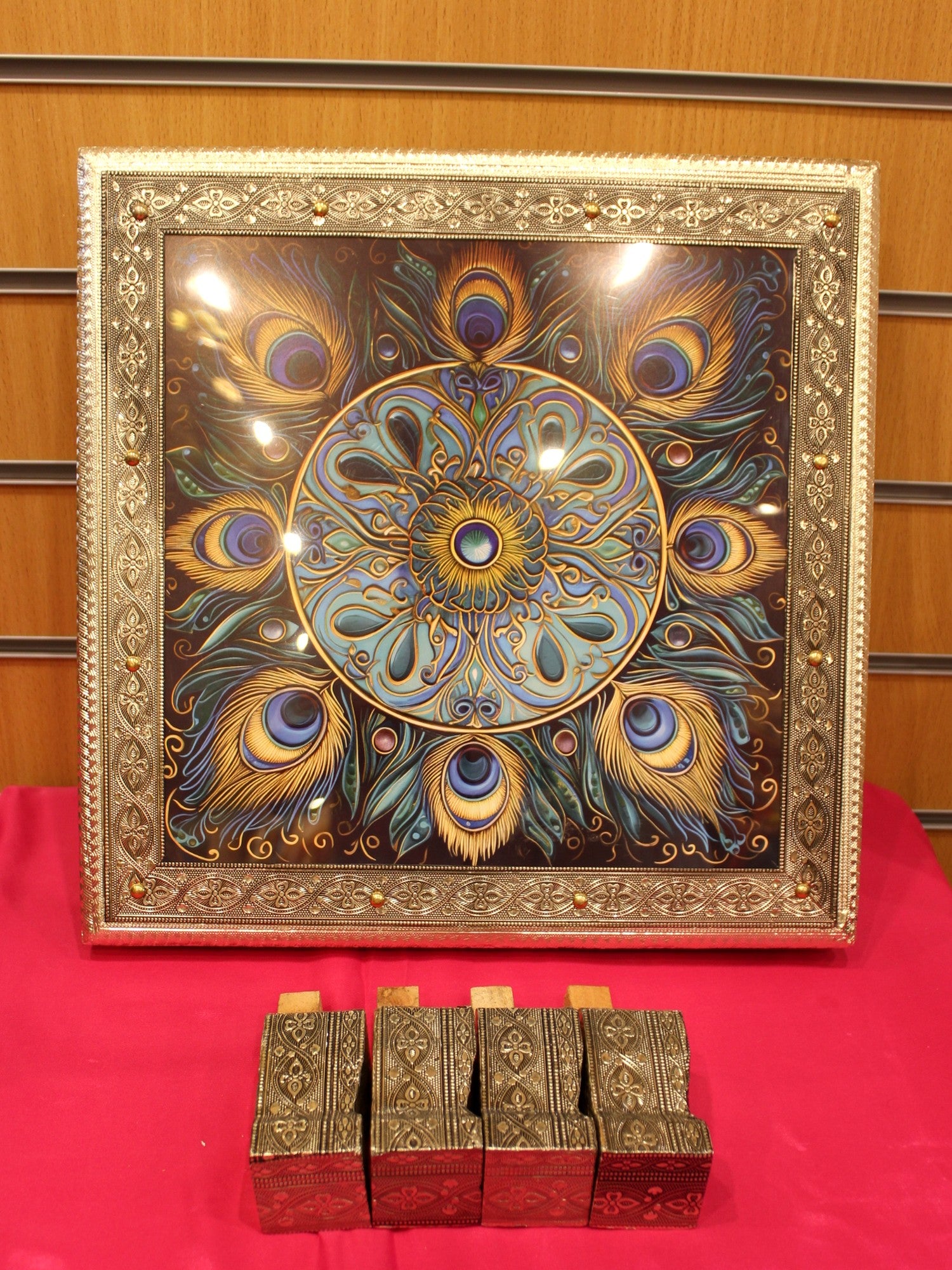 Printed Bajot Pooja Chowki – Peacock Feather Mandala, 15 x 15 inch