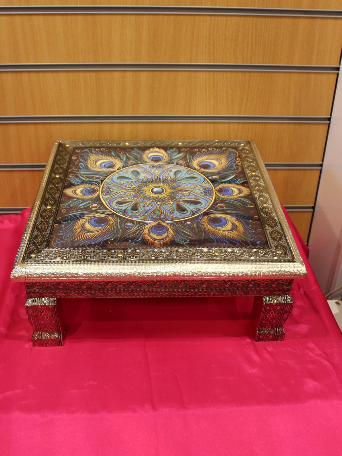 Printed Bajot Pooja Chowki – Peacock Feather Mandala, 15 x 15 inch