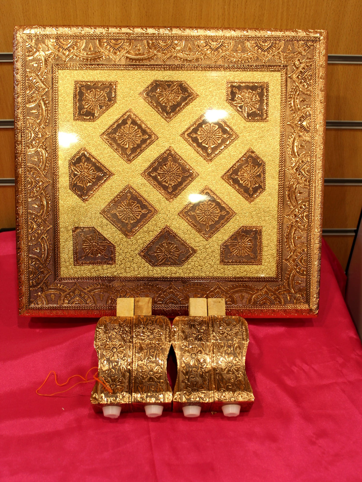 Copper Oxidised Bajot Pooja Chowki – Diamond Lattice, 15 x 15 inch