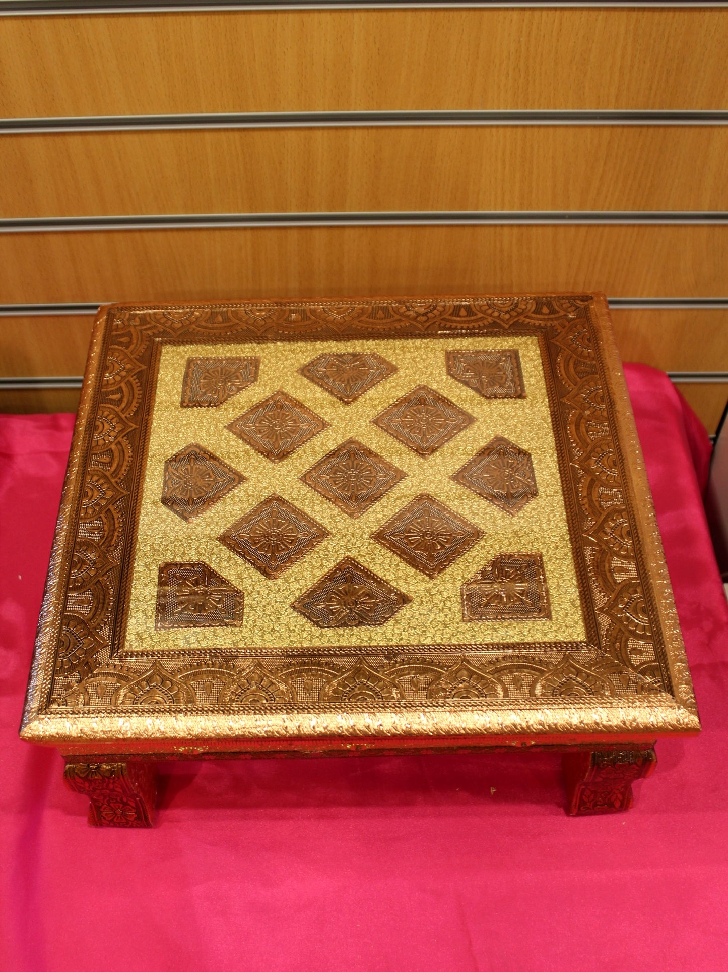 Copper Oxidised Bajot Pooja Chowki – Diamond Lattice, 15 x 15 inch
