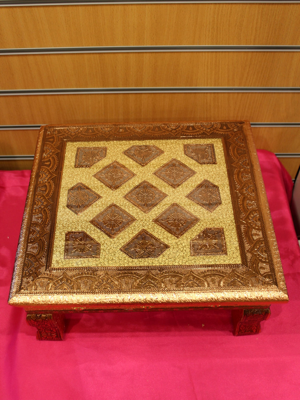 Copper Oxidised Bajot Pooja Chowki – Diamond Lattice, 15 x 15 inch