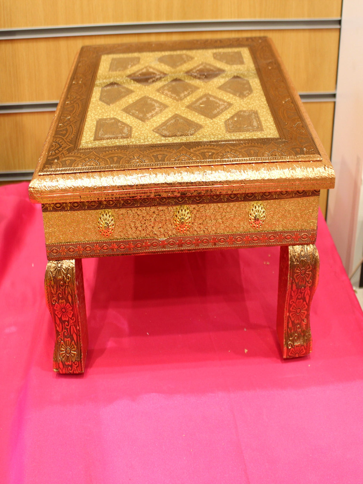 Copper Oxidised Bajot Pooja Chowki – Diamond Lattice, 15 x 15 inch